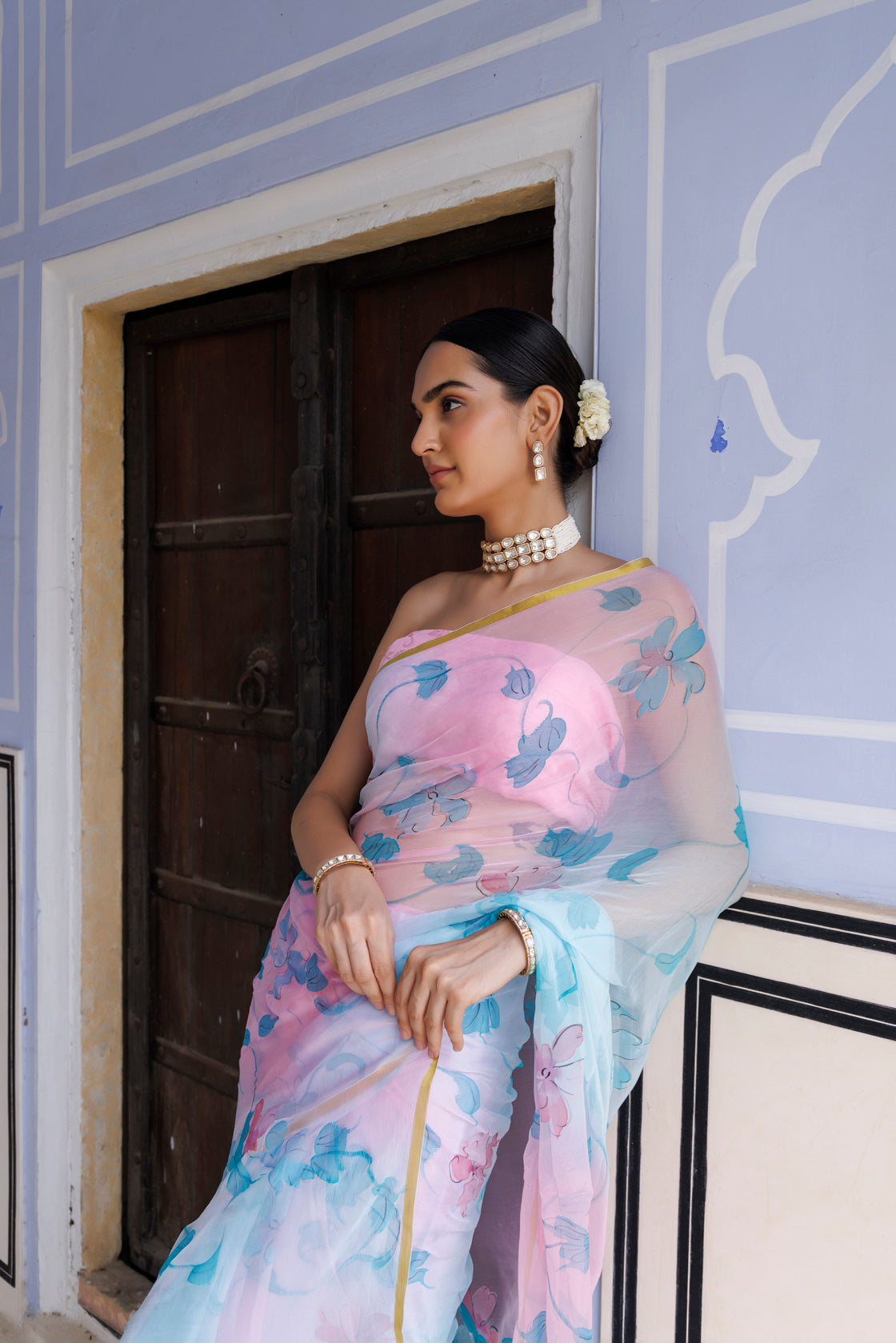 Blue-Pink Shaded Hand Painted Floral Chiffon Saree