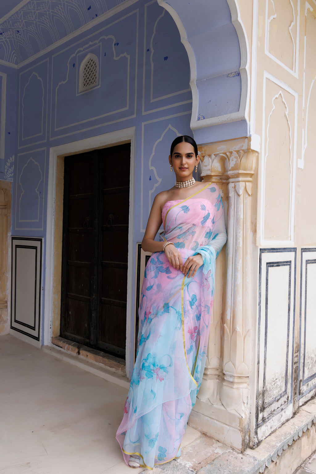 Blue-Pink Shaded Hand Painted Floral Chiffon Saree
