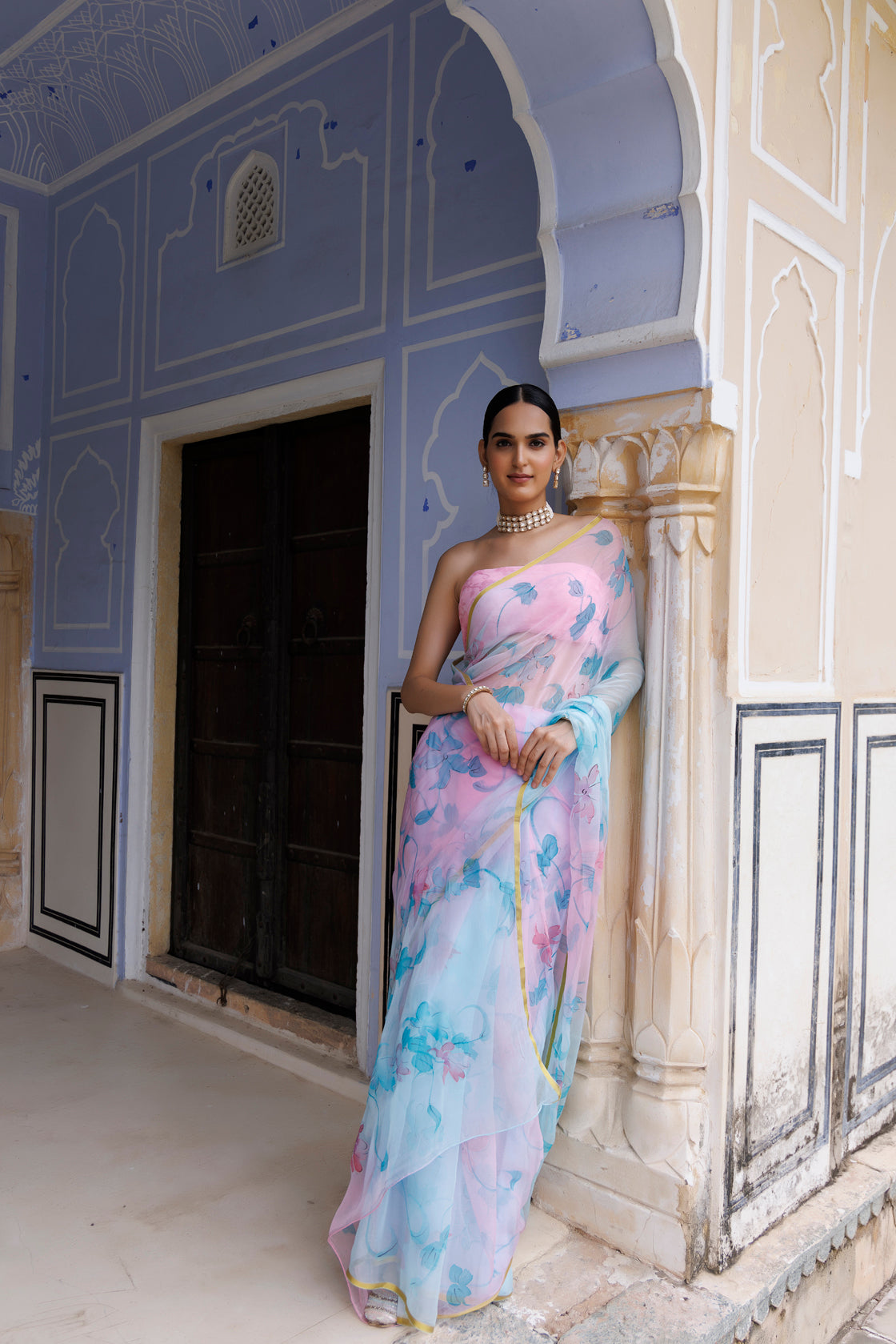 Blue-Pink Shaded Hand Painted Floral Chiffon Saree
