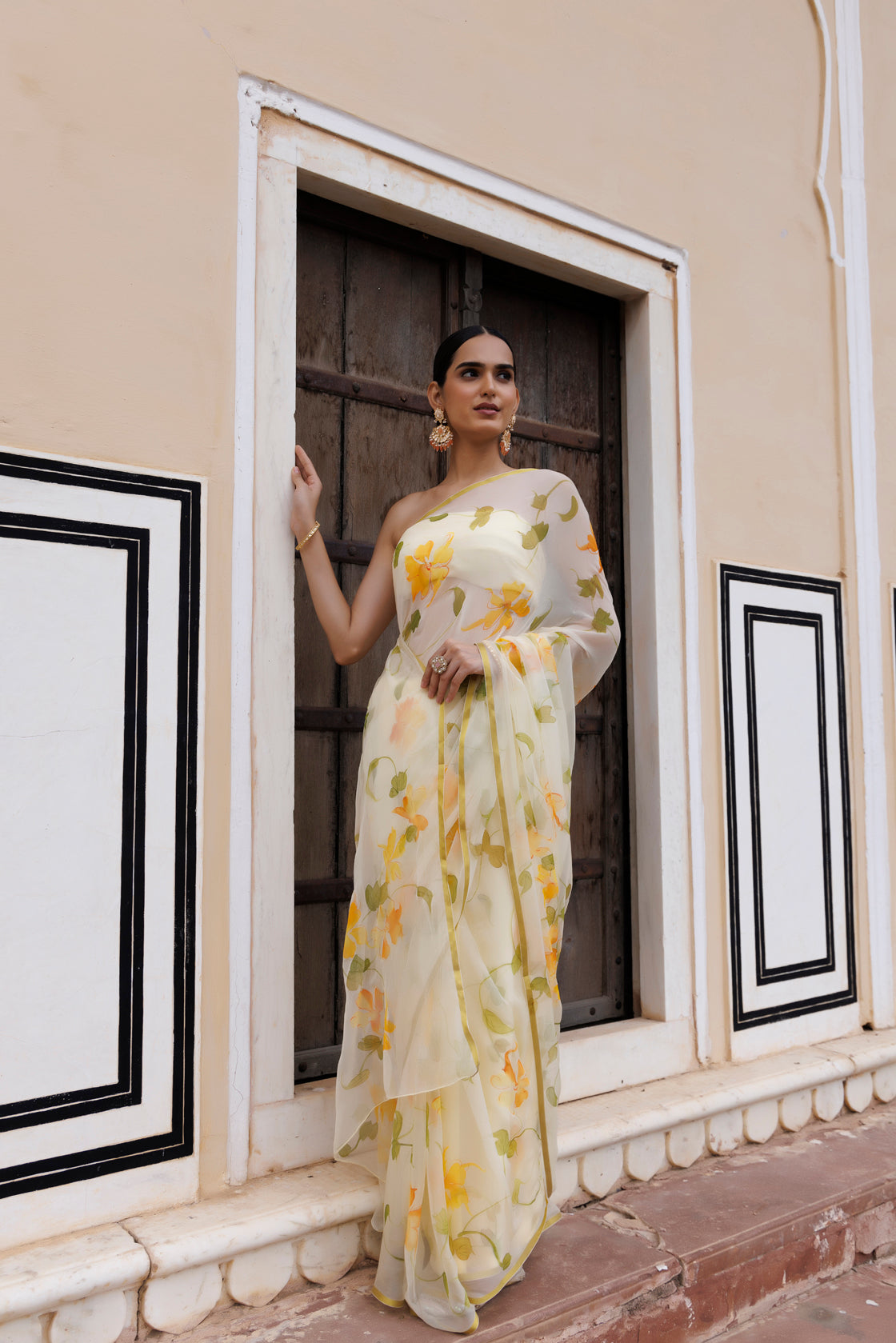 Yellow Hand Painted Floral Chiffon Saree