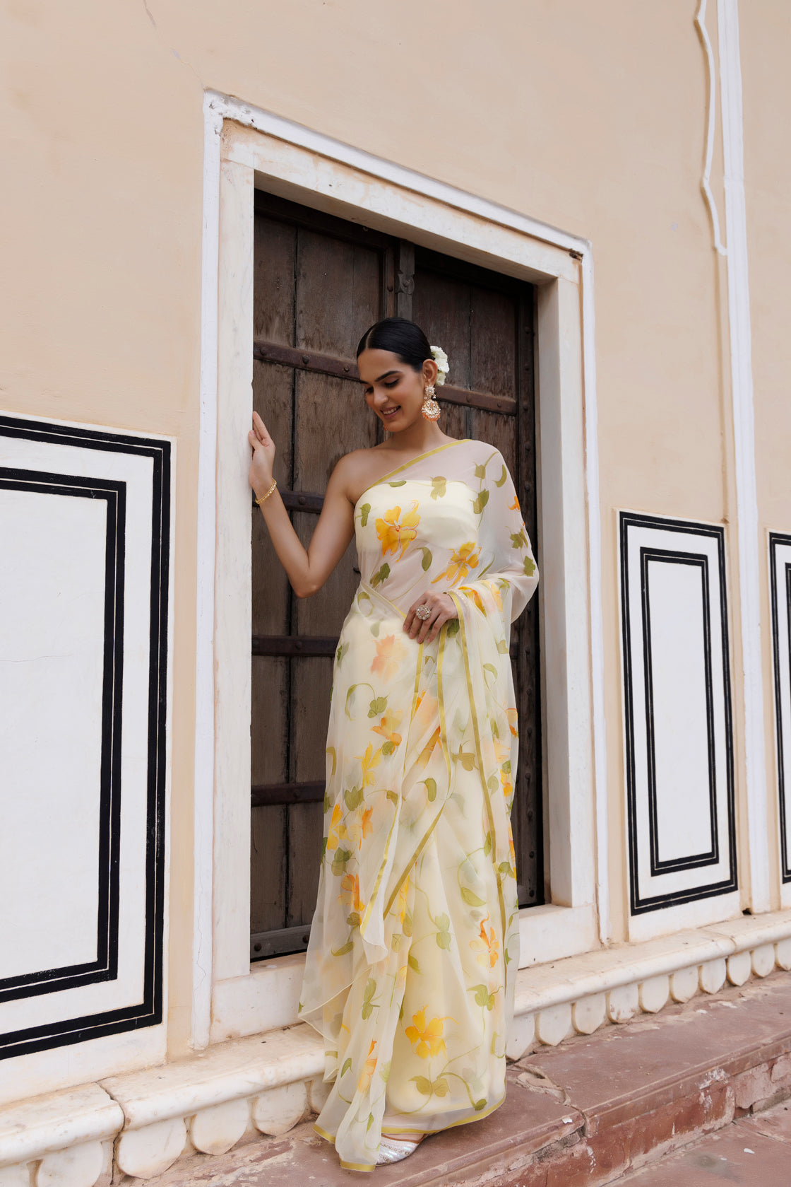 Yellow Hand Painted Floral Chiffon Saree