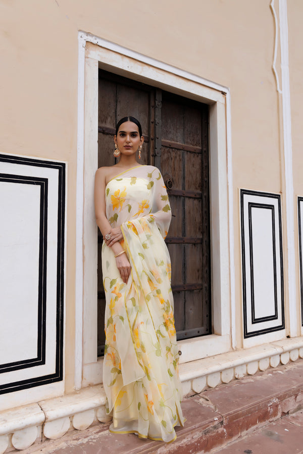 Light Yellow Hand Painted Floral Chiffon Saree