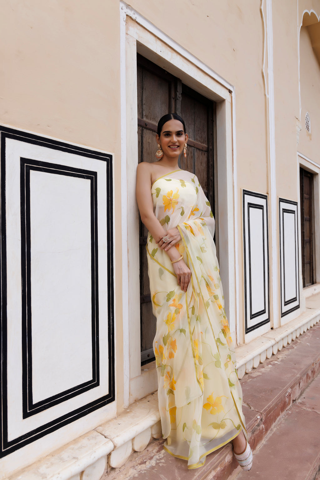Yellow Hand Painted Floral Chiffon Saree