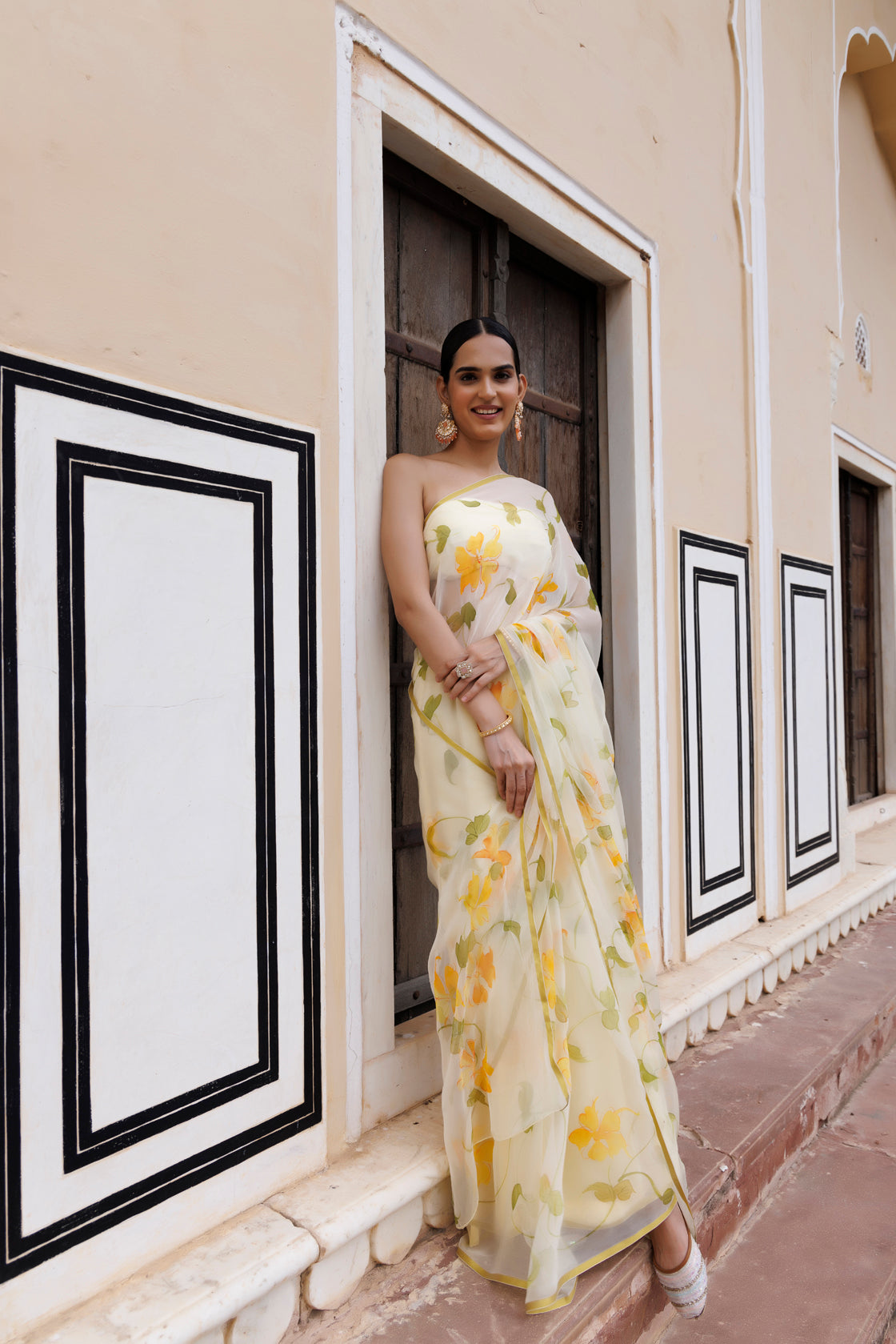 Yellow Hand Painted Floral Chiffon Saree