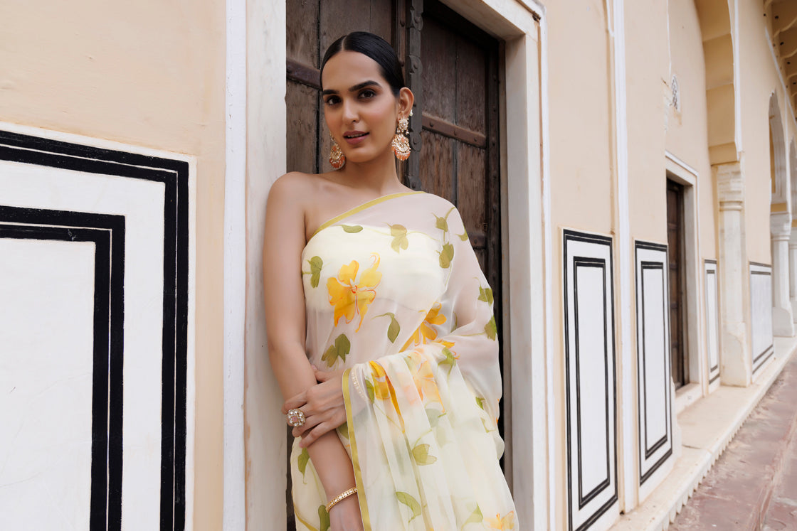 Yellow Hand Painted Floral Chiffon Saree