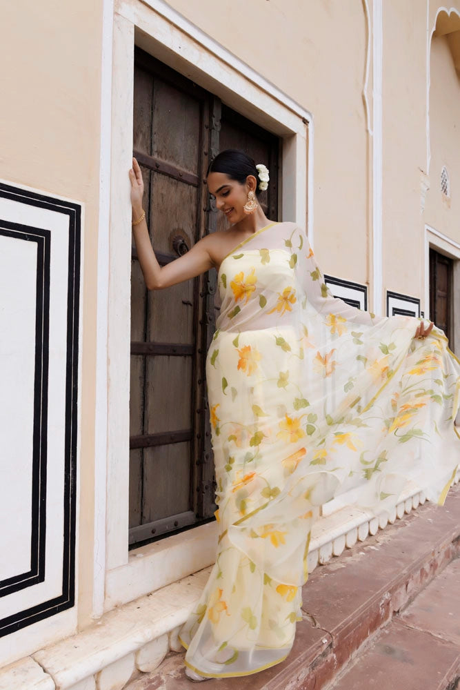 Light Yellow Hand Painted Floral Chiffon Saree
