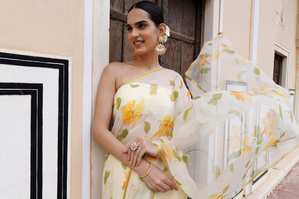 Yellow Hand Painted Floral Chiffon Saree
