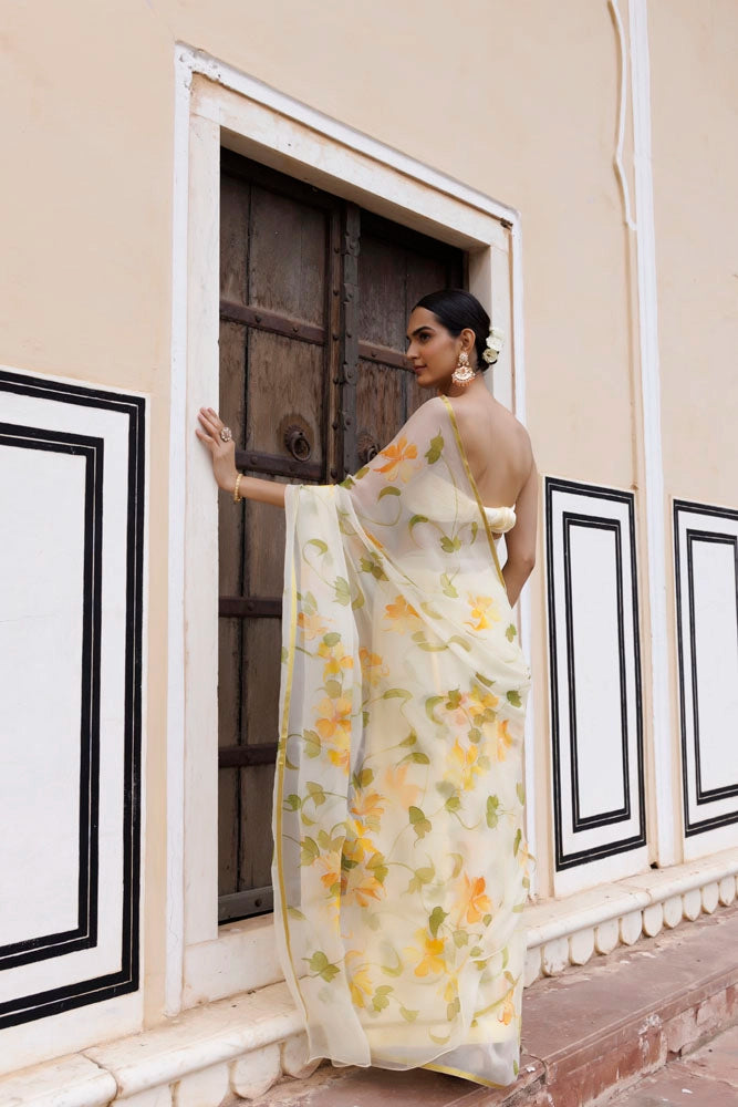 Light Yellow Hand Painted Floral Chiffon Saree