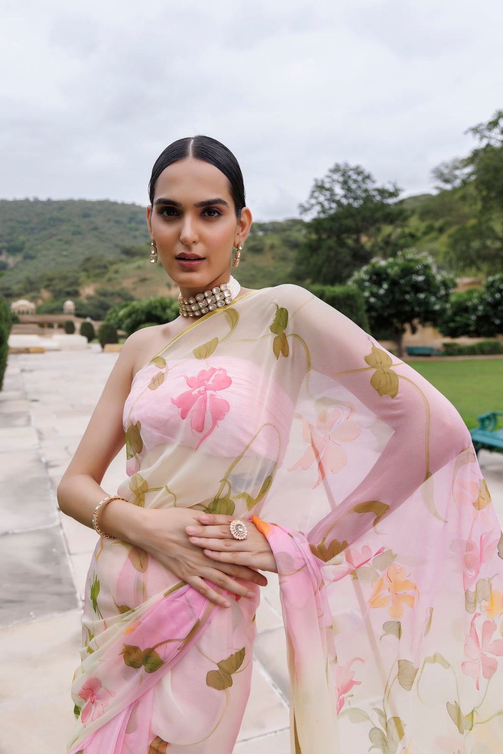 White Pink Shaded Hand Painted Floral Chiffon Saree