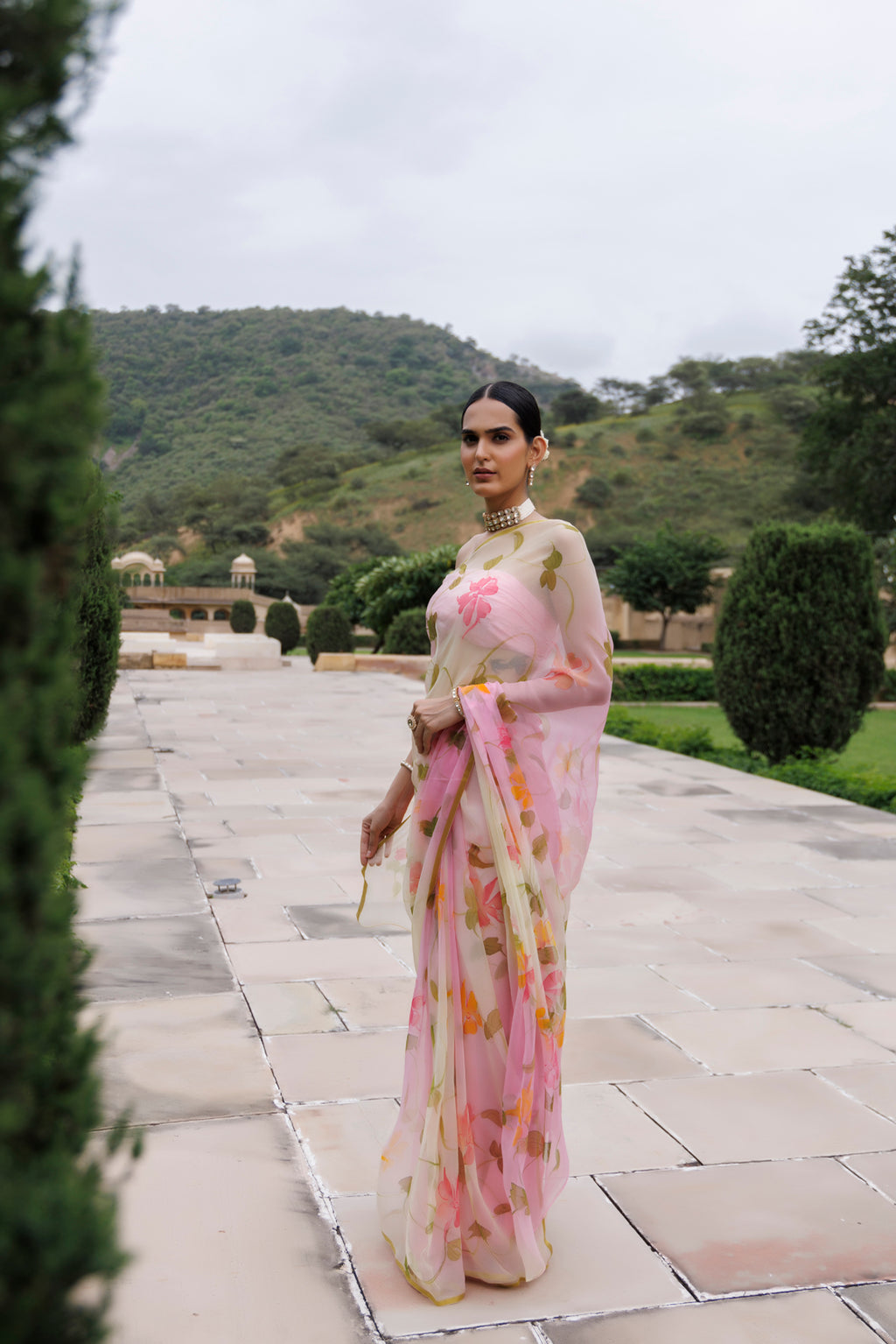 White Pink Shaded Hand Painted Floral Chiffon Saree