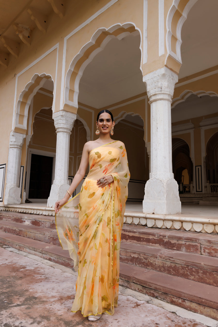 Yellow Floral Hand Painted Chiffon Saree