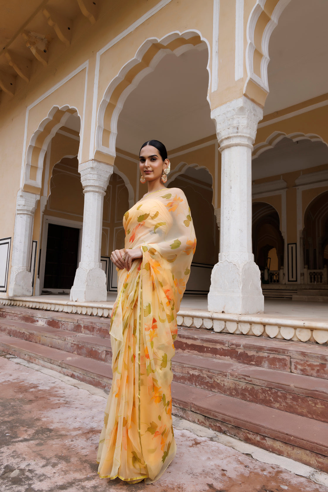 Yellow Floral Hand Painted Chiffon Saree