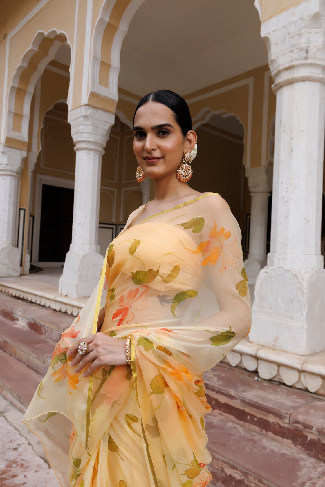 Yellow Floral Hand Painted Chiffon Saree