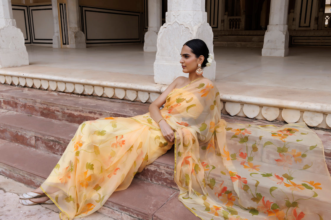 Yellow Floral Hand Painted Chiffon Saree
