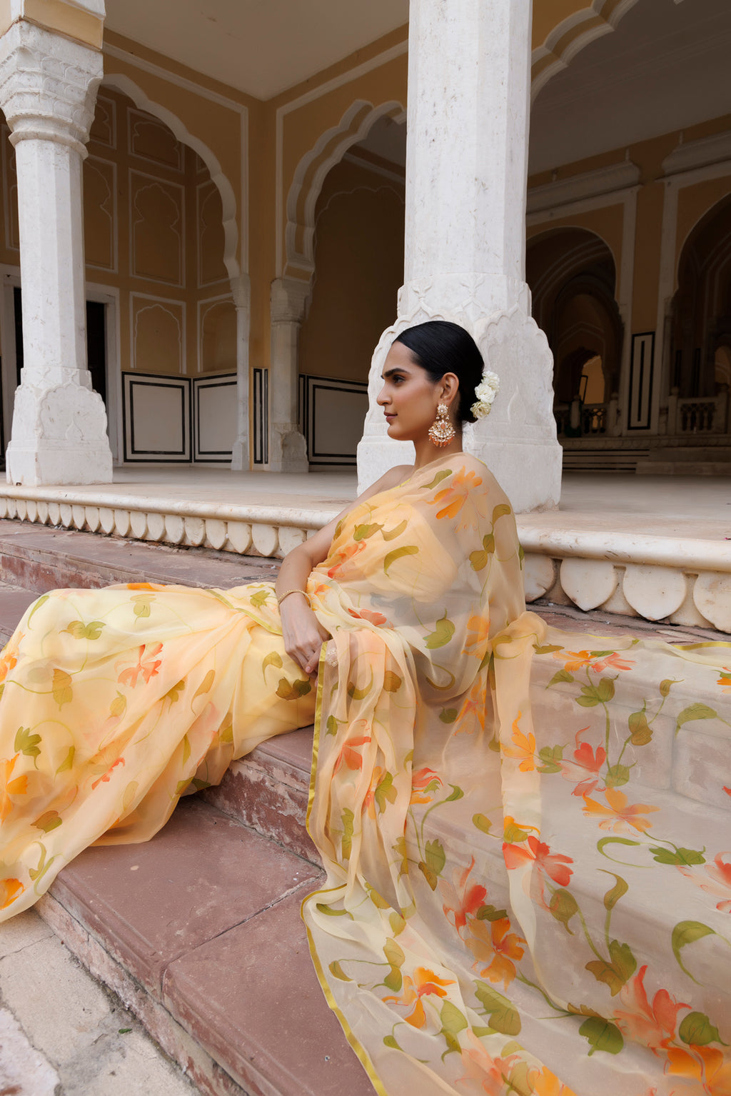 Yellow Floral Hand Painted Chiffon Saree