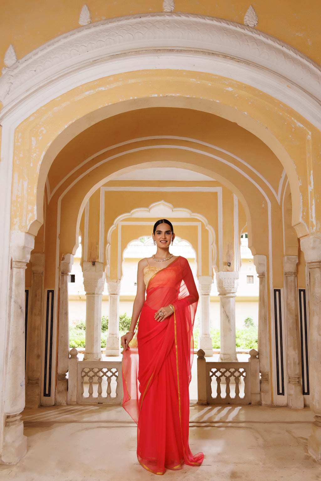 Pink Hand-Dyed Chiffon Saree With Jacquard Blouse