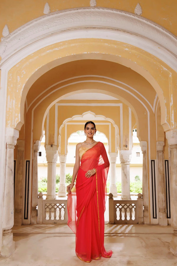 Pink Hand-Dyed Chiffon Saree with Jacquard Blouse