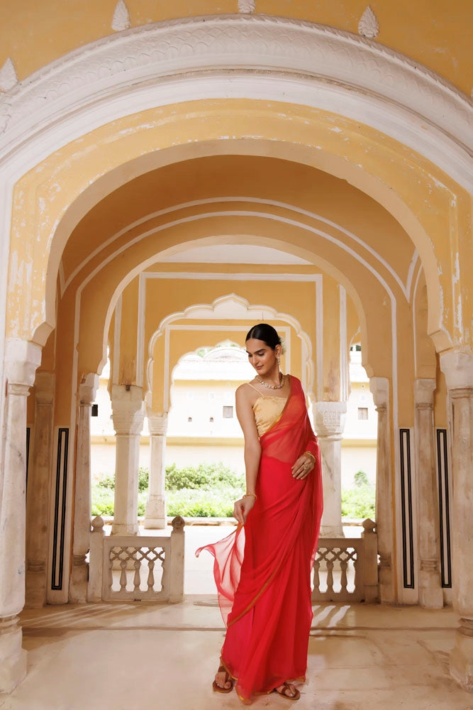 Pink Hand-Dyed Chiffon Saree with Jacquard Blouse