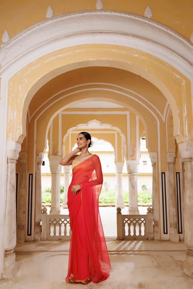 Pink Hand-Dyed Chiffon Saree with Jacquard Blouse