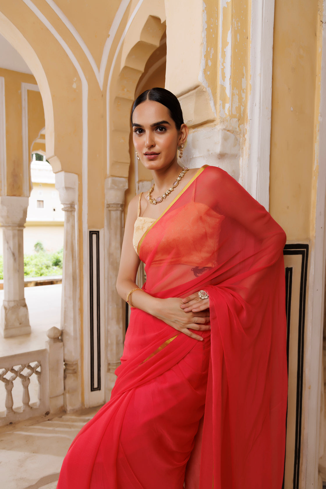 Pink Hand-Dyed Chiffon Saree With Jacquard Blouse