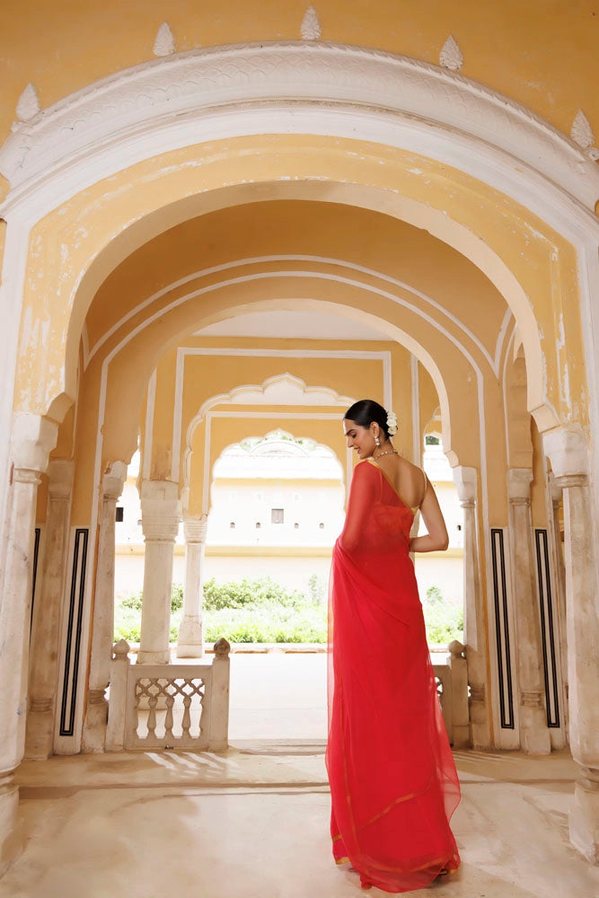 Pink Hand-Dyed Chiffon Saree with Jacquard Blouse
