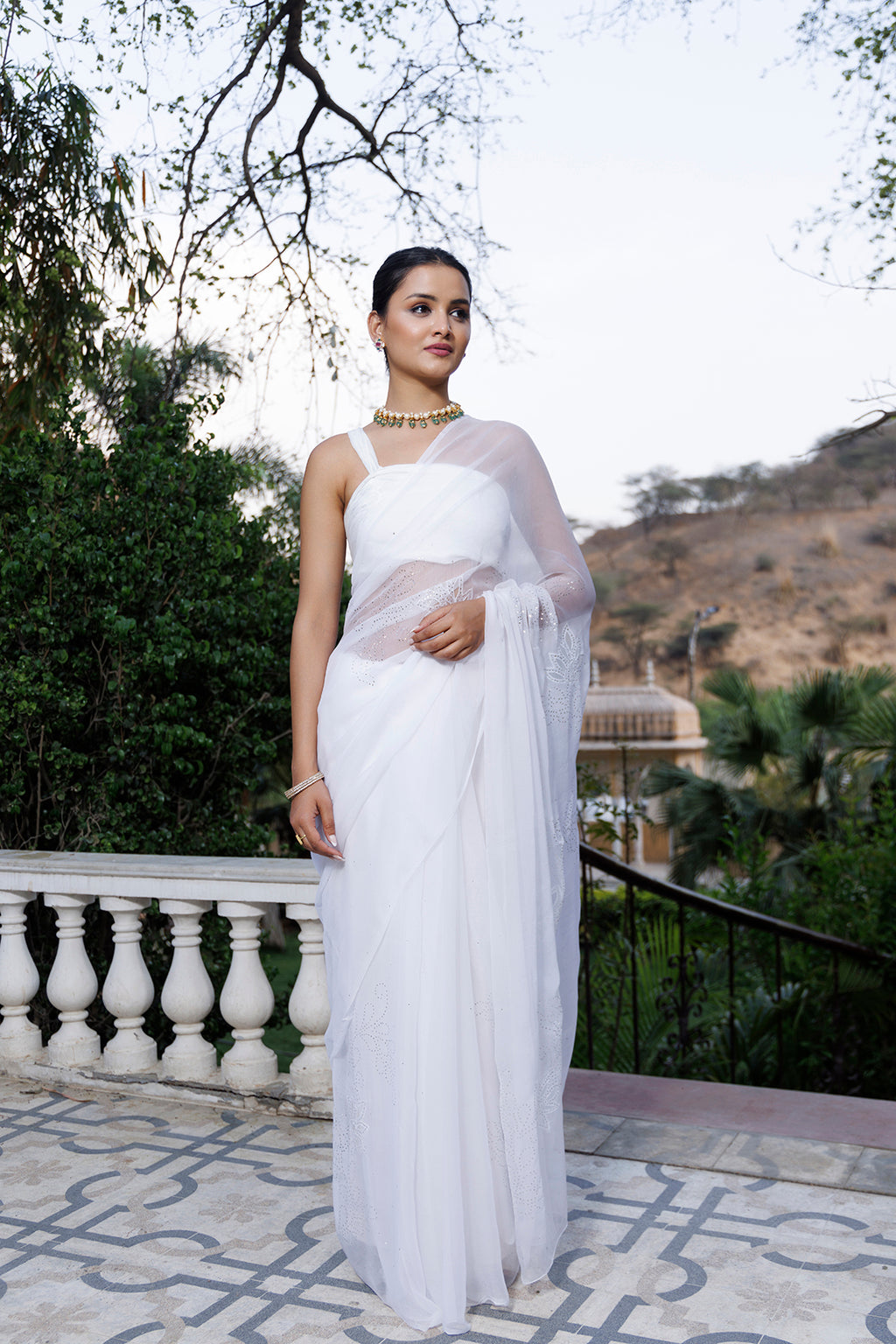 White Hand Embroidered Mukaish Net-Patch Chiffon Saree