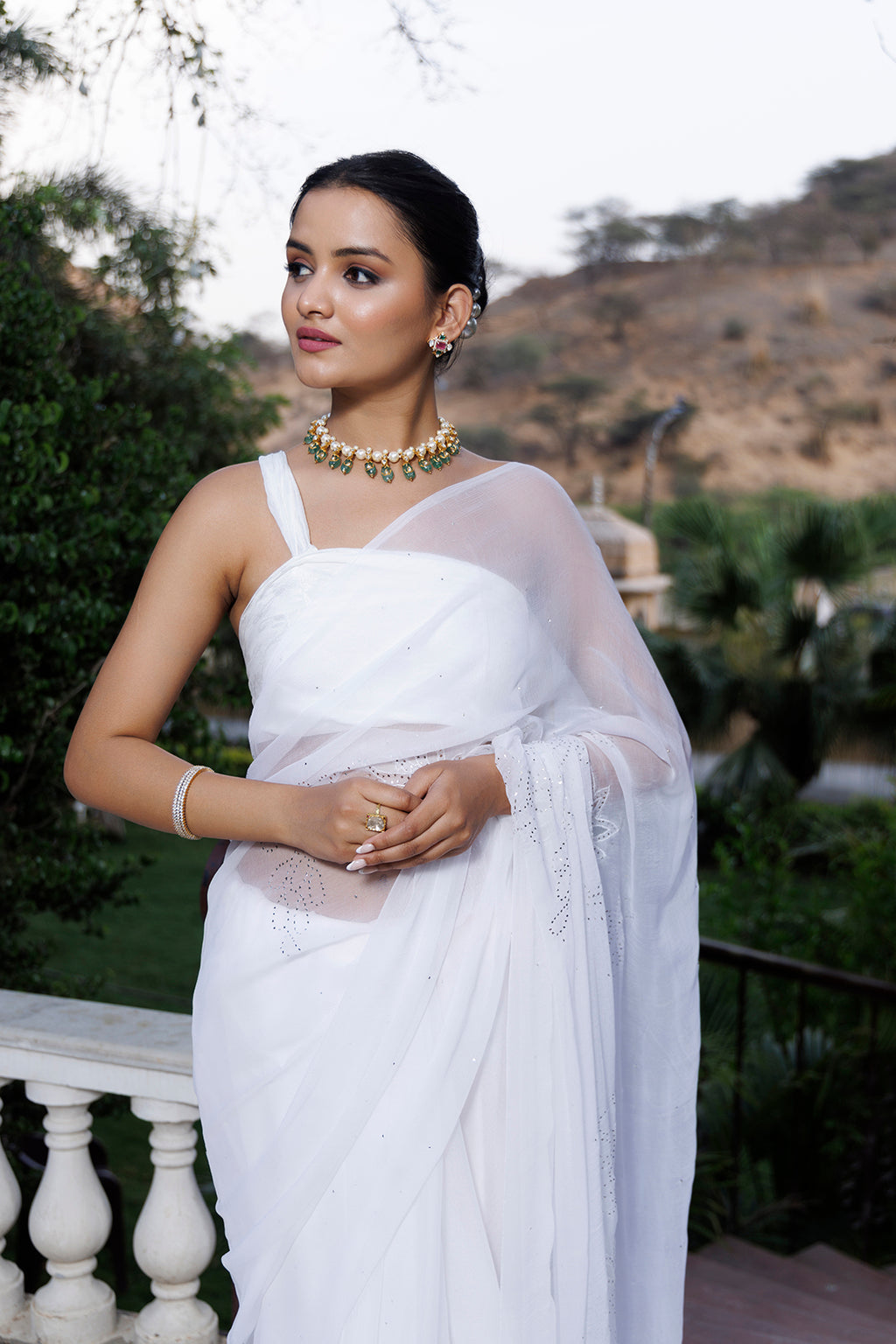 White Hand Embroidered Mukaish Net-Patch Chiffon Saree
