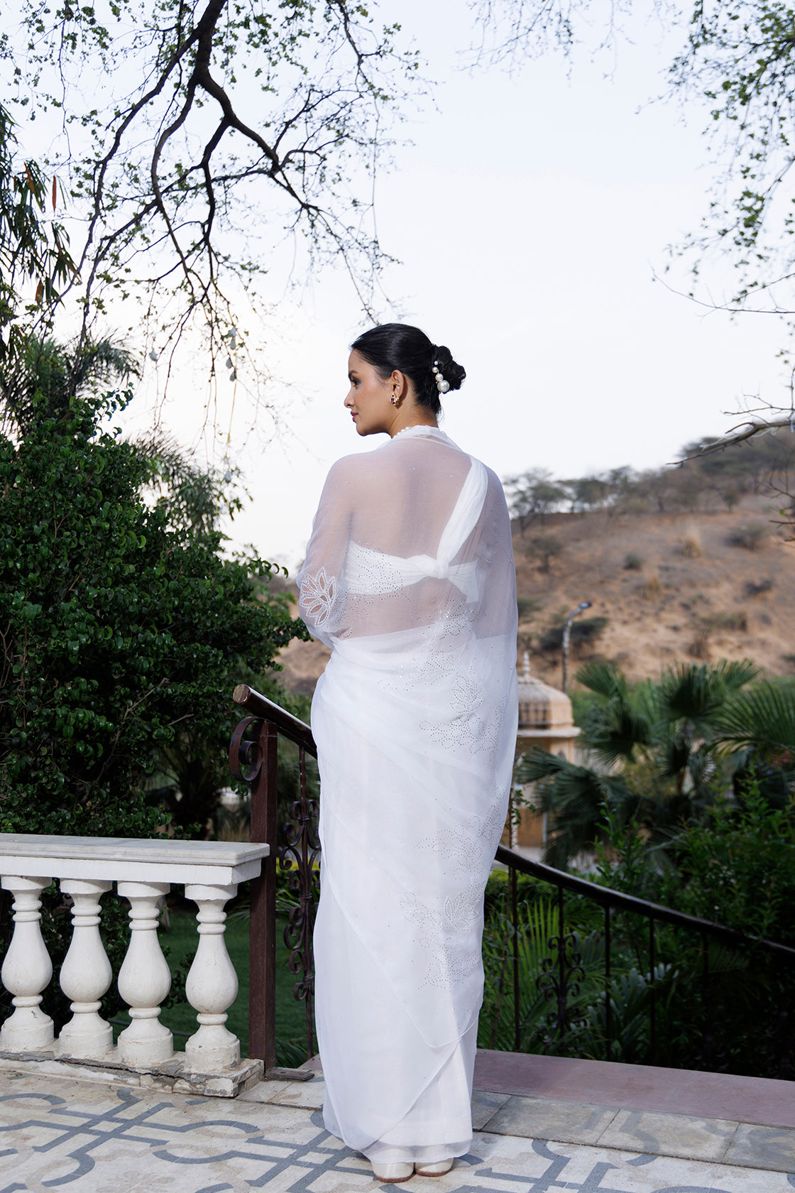 White Hand Embroidered Mukaish Net-Patch Chiffon Saree