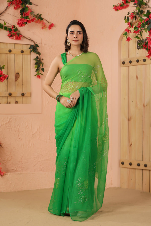 Green Shaded Net Patch Work Chiffon Mukaish Saree