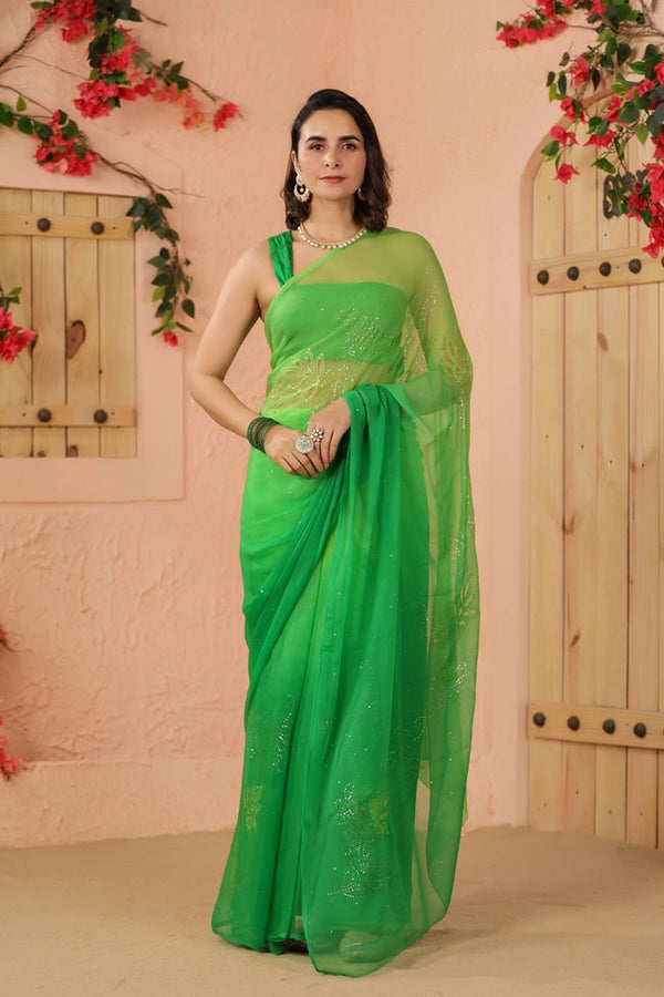Green Shaded Hand Embroidered Mukaish net-patch Chiffon Saree
