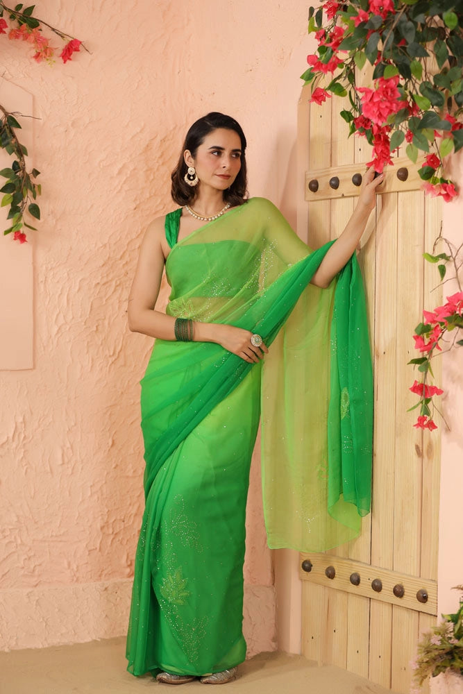 Green Shaded Hand Embroidered Mukaish net-patch Chiffon Saree
