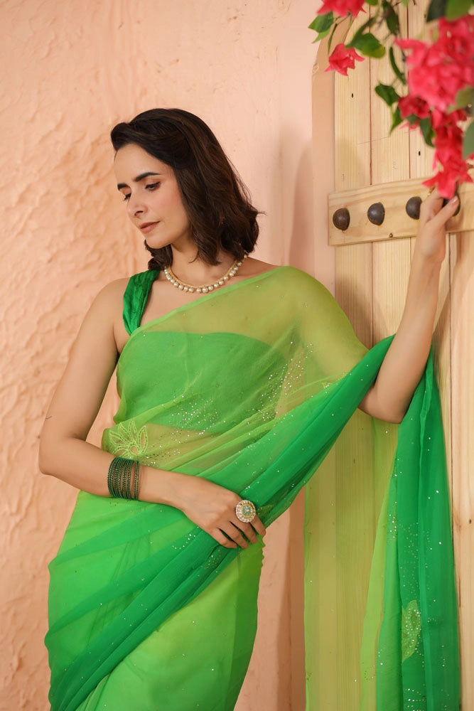 Green Shaded Hand Embroidered Mukaish net-patch Chiffon Saree