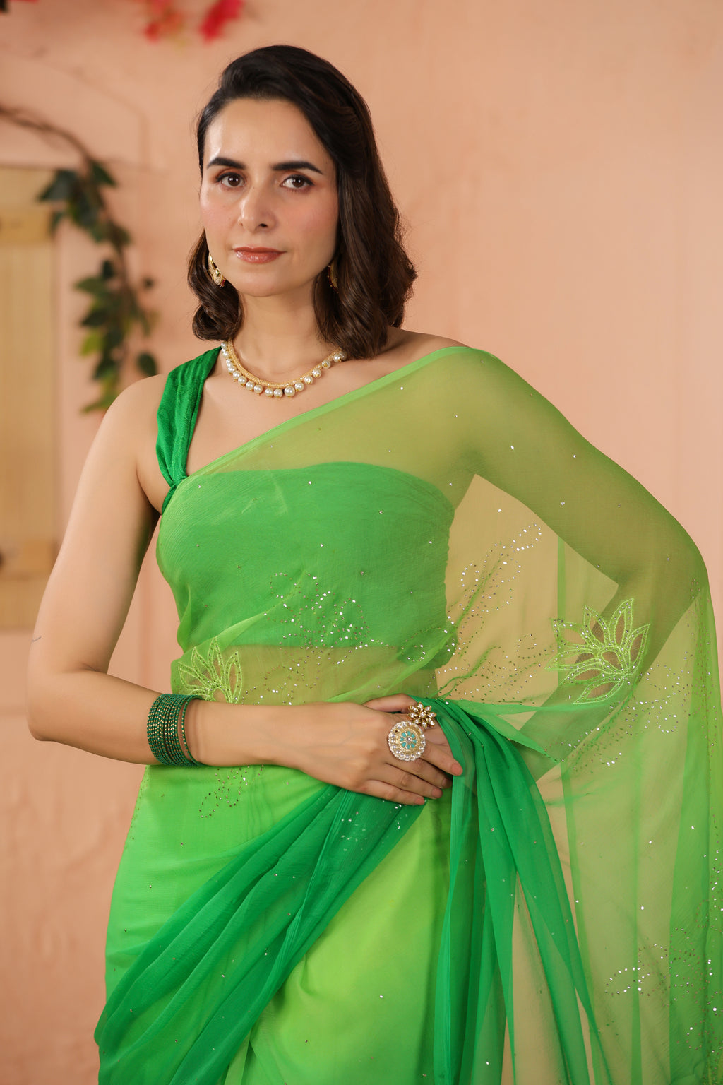 Green Shaded Hand Embroidered Mukaish Net-Patch Chiffon Saree