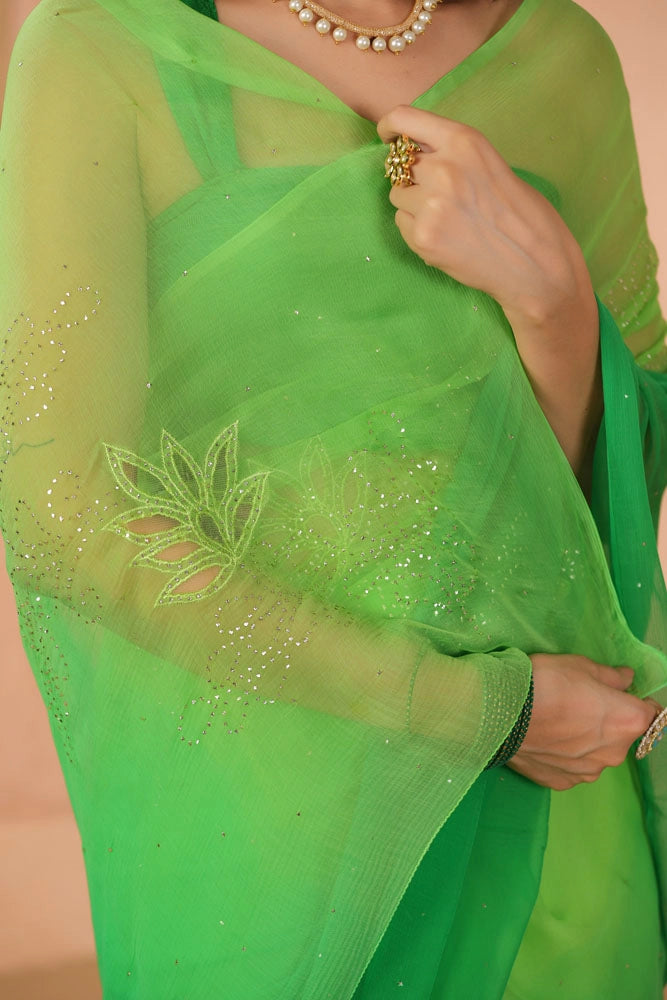 Green Shaded Hand Embroidered Mukaish net-patch Chiffon Saree