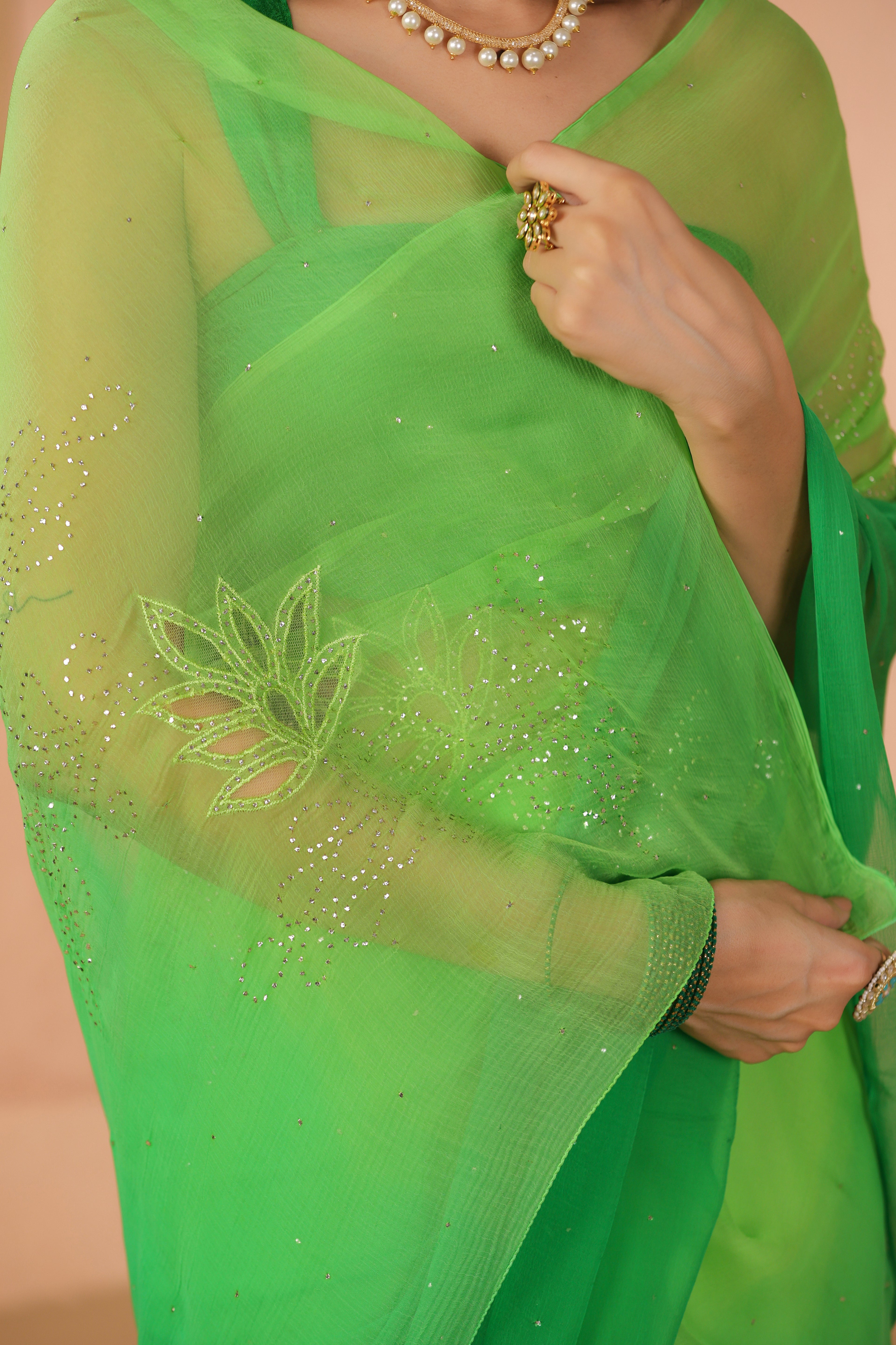 Green Shaded Hand Embroidered Mukaish Net-Patch Chiffon Saree