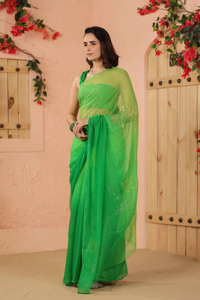 Green Shaded Hand Embroidered Mukaish net-patch Chiffon Saree