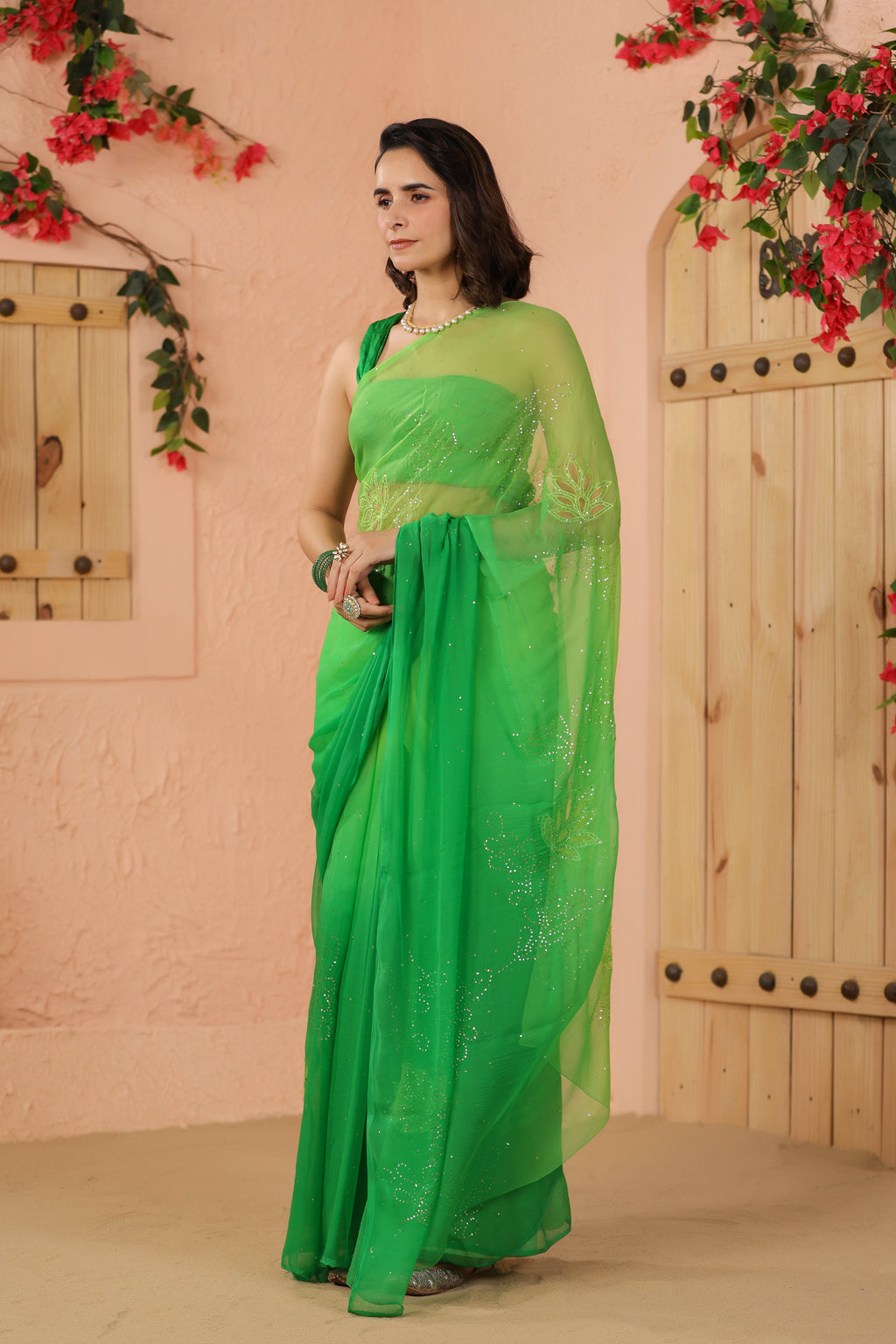 Green Shaded Hand Embroidered Mukaish Net-Patch Chiffon Saree