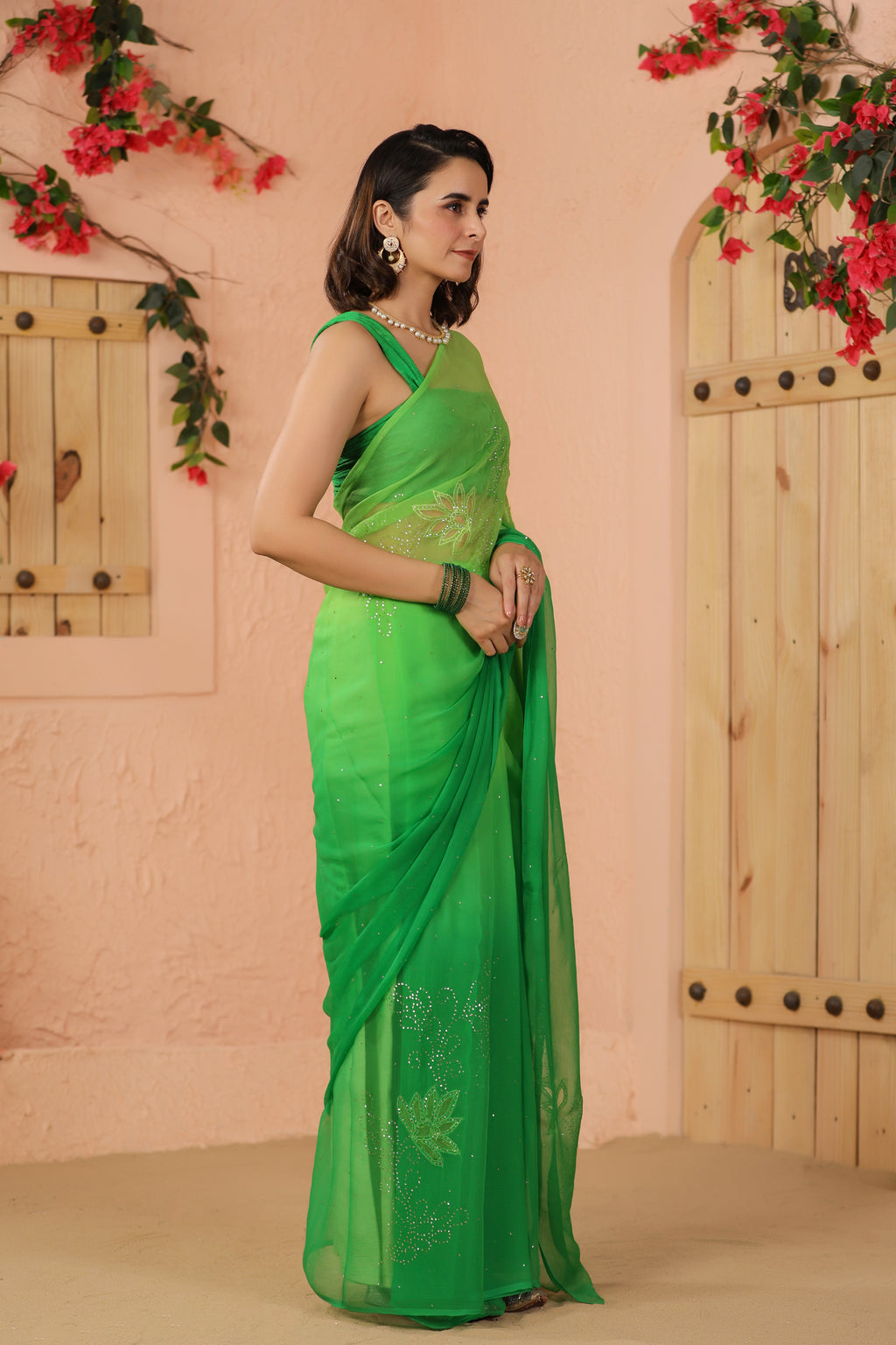 Green Shaded Hand Embroidered Mukaish Net-Patch Chiffon Saree