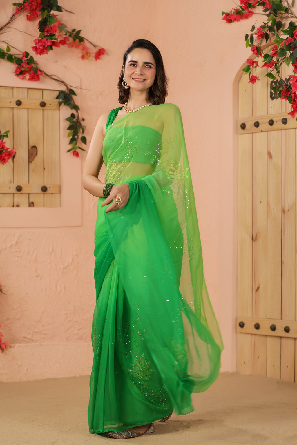 Green Shaded Hand Embroidered Mukaish Net-Patch Chiffon Saree