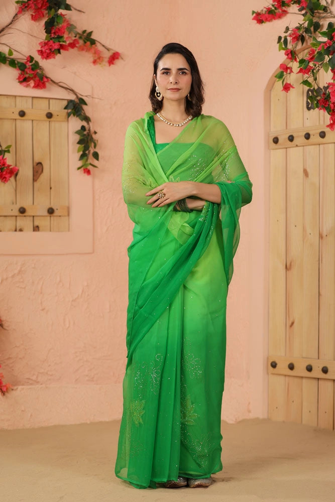 Green Shaded Hand Embroidered Mukaish net-patch Chiffon Saree