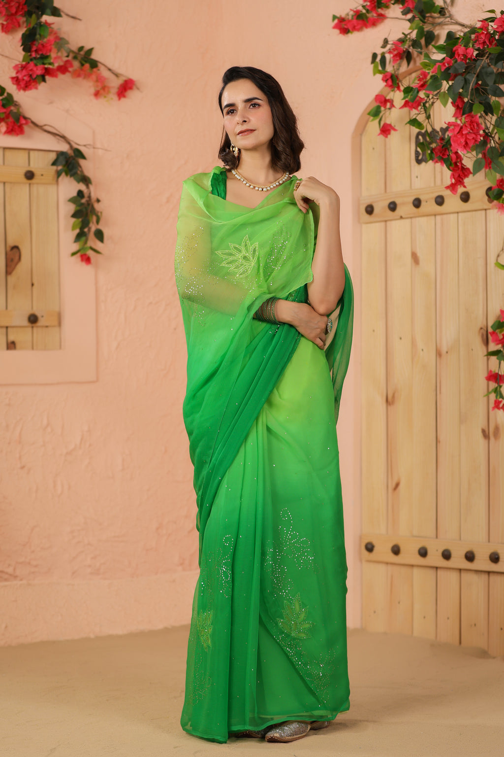 Green Shaded Hand Embroidered Mukaish Net-Patch Chiffon Saree