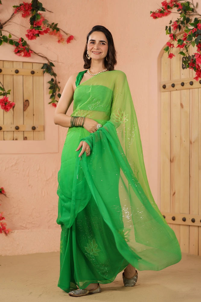 Green Shaded Hand Embroidered Mukaish net-patch Chiffon Saree