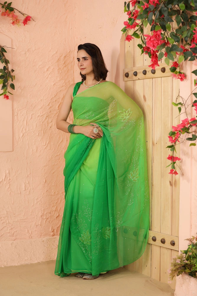 Green Shaded Hand Embroidered Mukaish net-patch Chiffon Saree