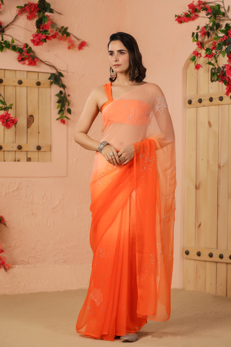 Orange Shaded Hand Embroidered Mukaish Net-Patch Chiffon Saree