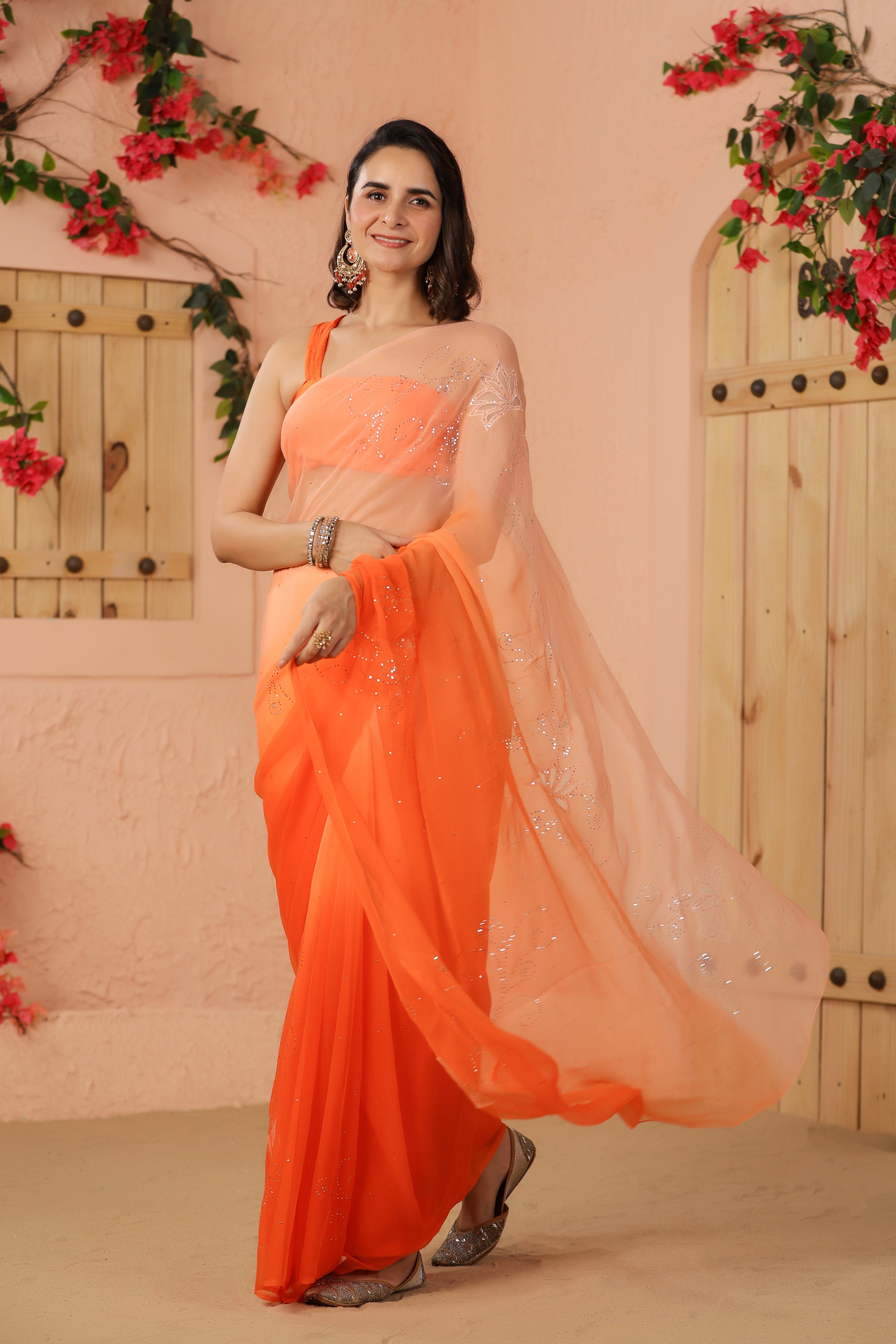 Orange Shaded Hand Embroidered Mukaish Net-Patch Chiffon Saree