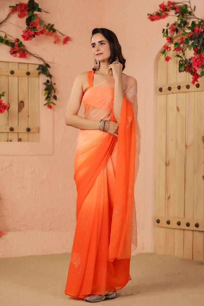 Orange Shaded Hand Embroidered Mukaish net-patch Chiffon Saree