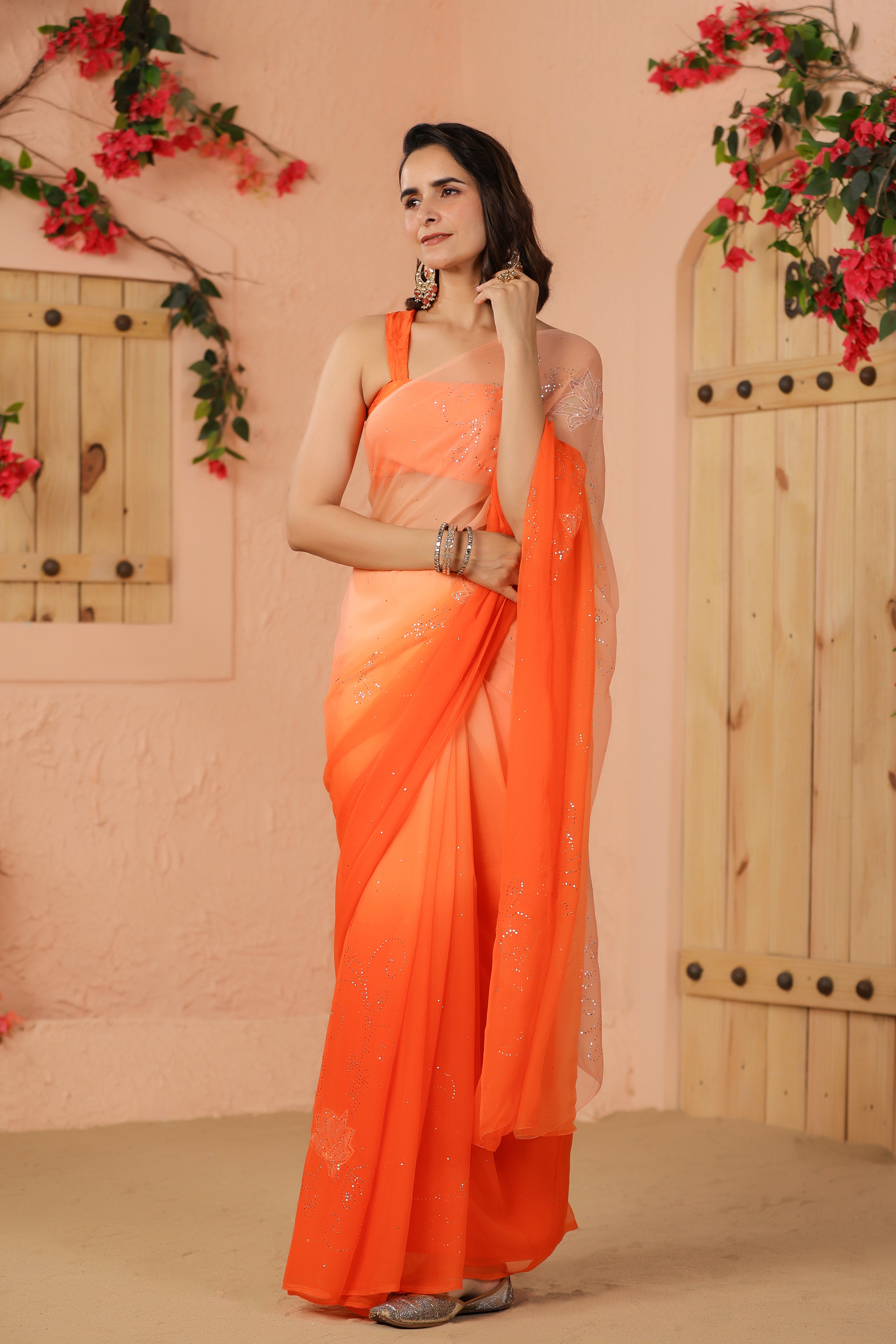 Orange Shaded Hand Embroidered Mukaish Net-Patch Chiffon Saree