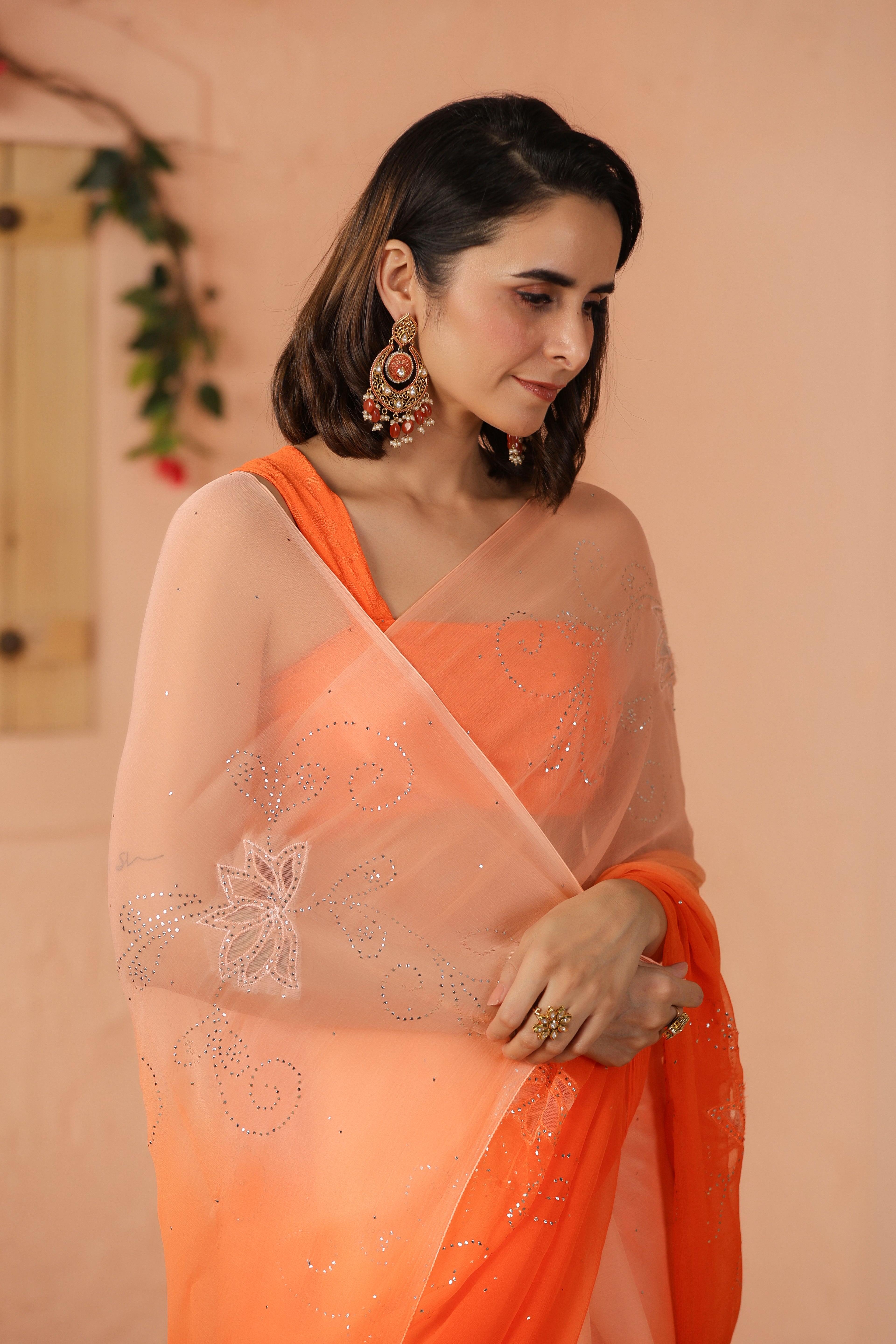 Orange Shaded Hand Embroidered Mukaish Net-Patch Chiffon Saree