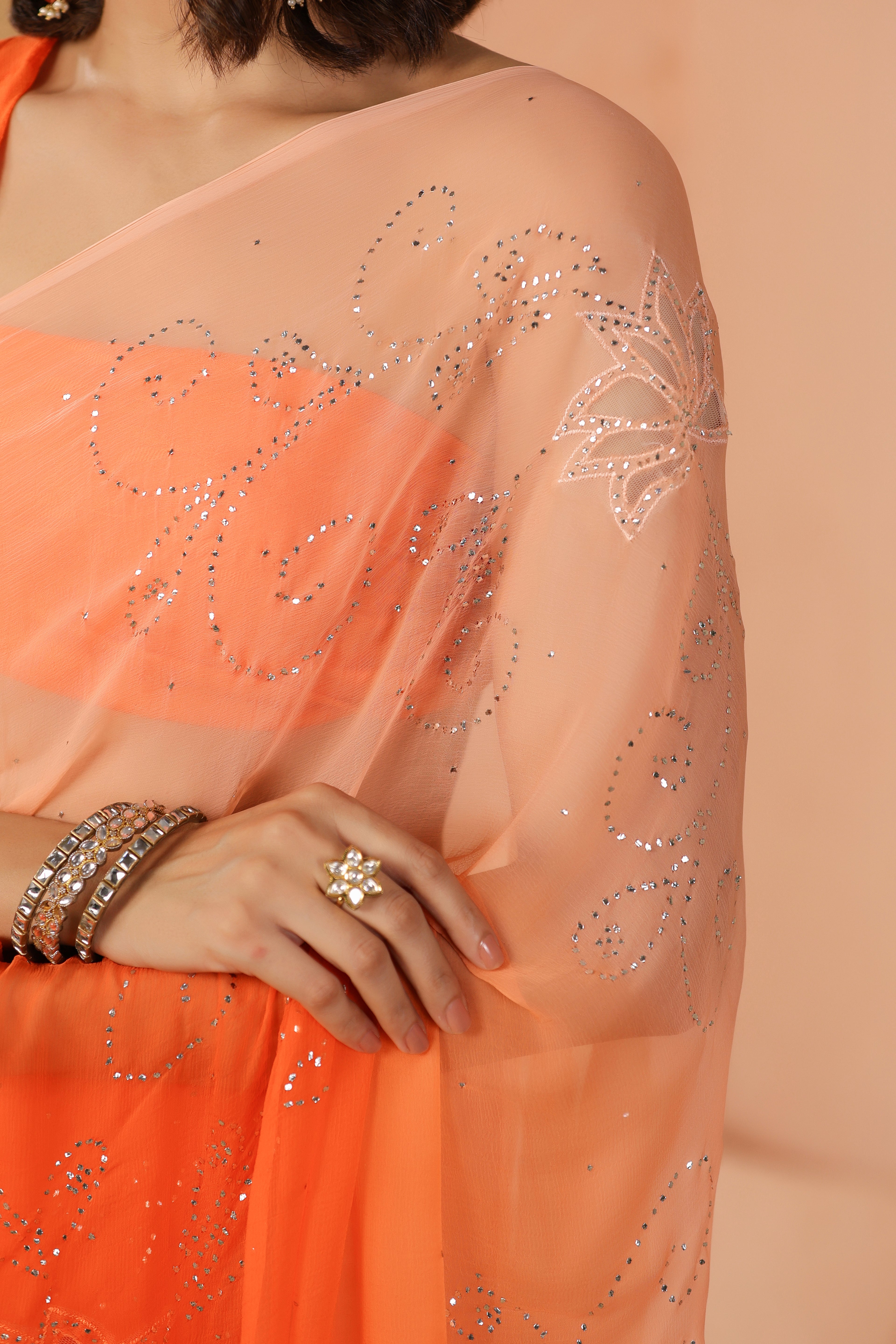 Orange Shaded Hand Embroidered Mukaish Net-Patch Chiffon Saree