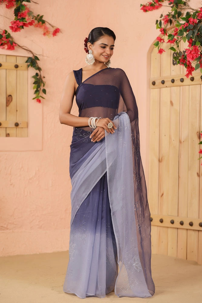 Blue Shaded Hand Embroidered Mukaish net-patch Chiffon Saree
